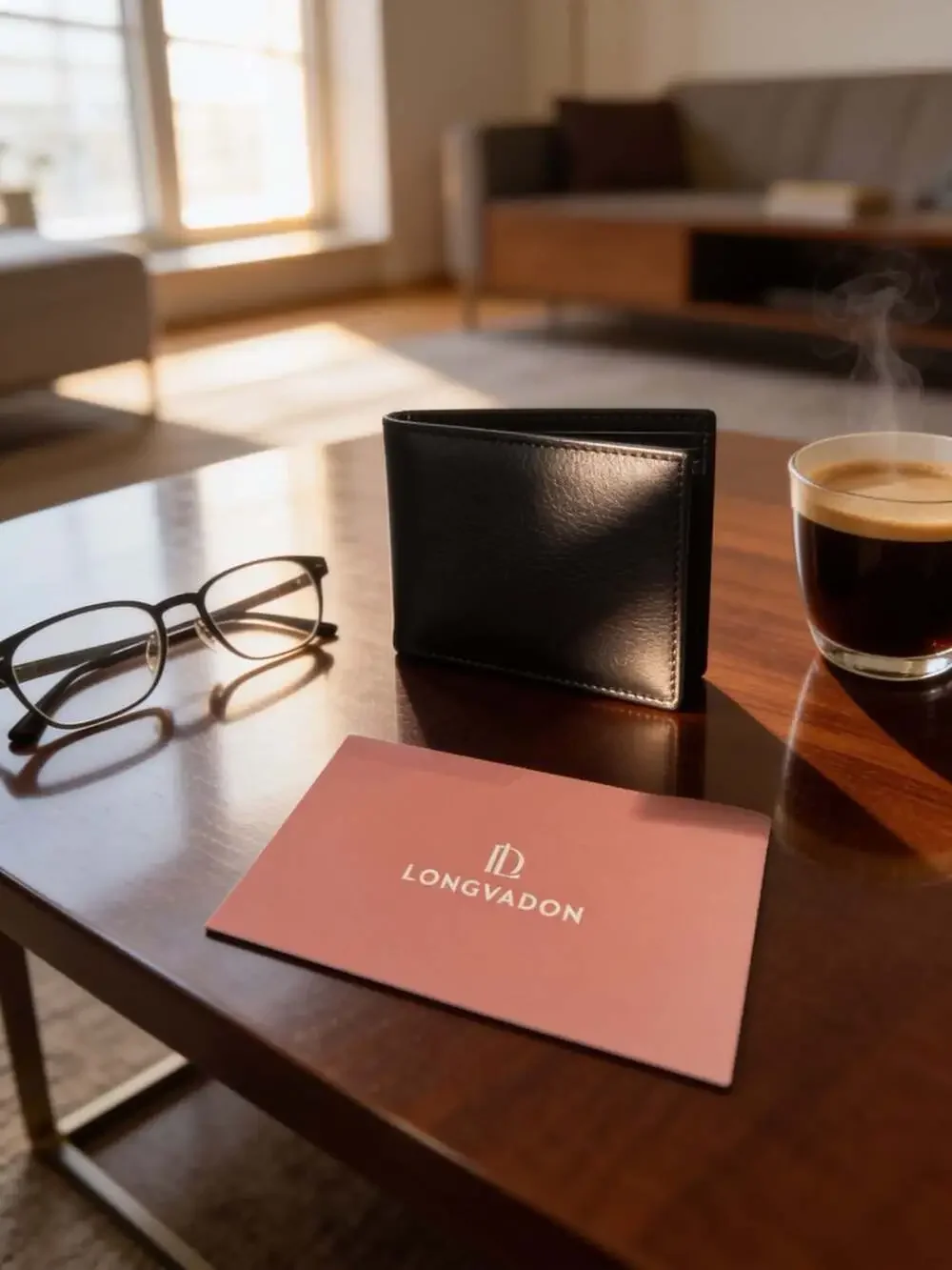 Longvadon Black Leather Bifold Wallet with Packaging and Accessories